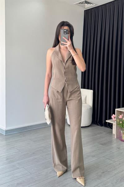 Mary Çağla Sırt Dekolteli Keten Yelek Pantolon Takım