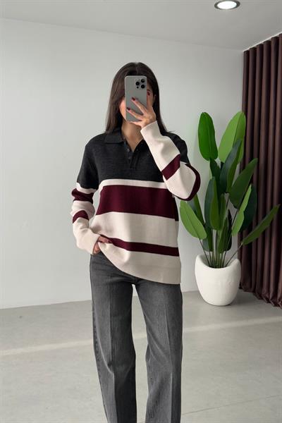 Meggie Gri Bordo Polo Yaka Triko Kazak