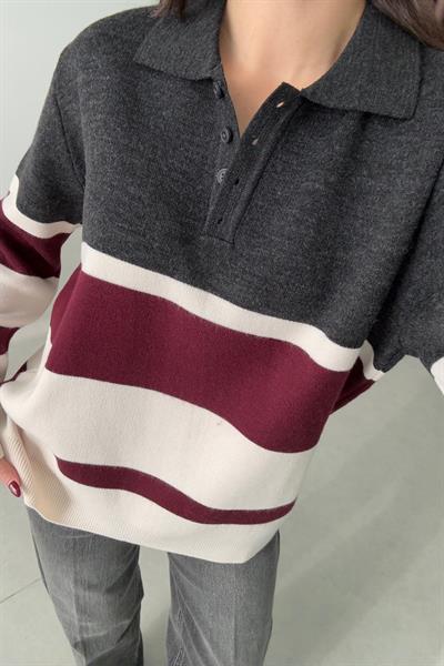 Meggie Gri Bordo Polo Yaka Triko Kazak