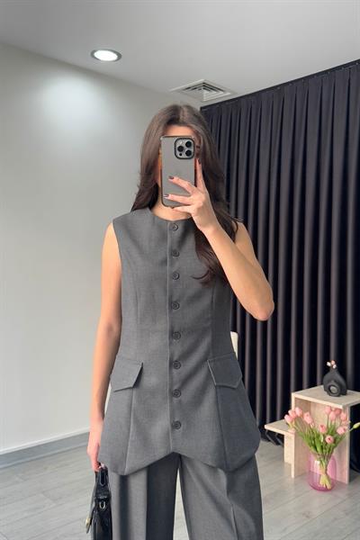Mila Düğme Detay Antrasit Yelek Pantolon Takım