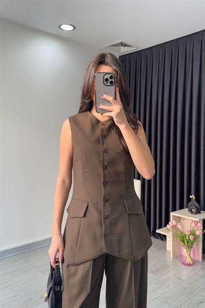 Mila Düğme Detay Kahve Yelek Pantolon Takım