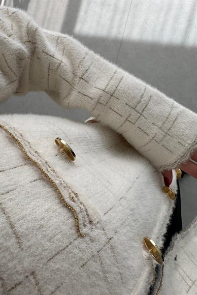 Mina Krem Gold Şeritli Hırka