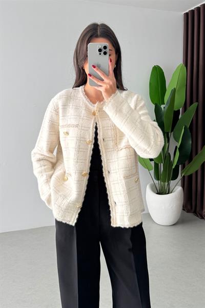 Mina Krem Gold Şeritli Hırka