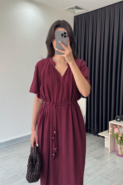 Mira Bordo V Yaka Dokulu Midi Elbise