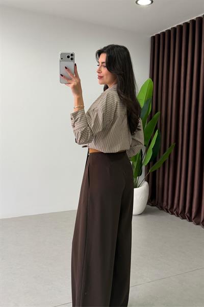 Moliv Kahve Kemerli Krep Kumaş Pantolon