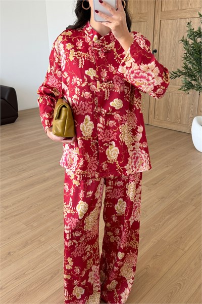 Monik Çiçek Desenli Saten Kimono Pantolon Takım