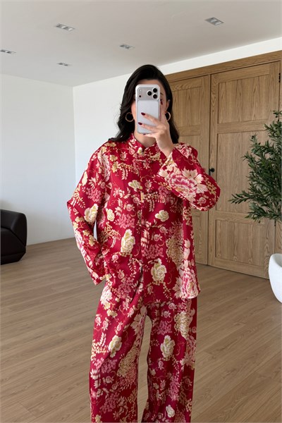 Monik Çiçek Desenli Saten Kimono Pantolon Takım