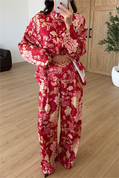 Monik Çiçek Desenli Saten Kimono Pantolon Takım