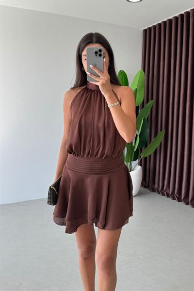 Monik Kahve Saten Dokulu Mini Elbise