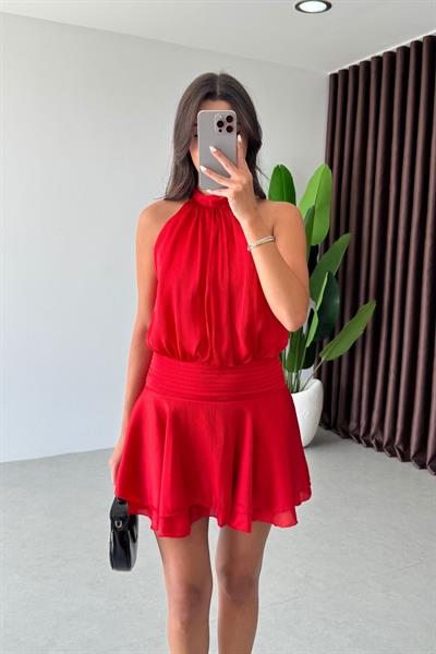 Monik Kırmızı Saten Dokulu Mini Elbise