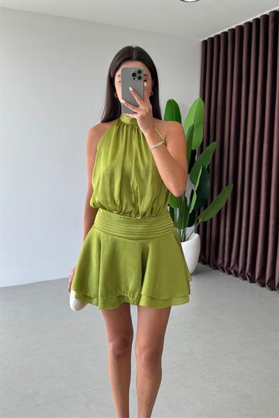 Monik Yeşil Saten Dokulu Mini Elbise