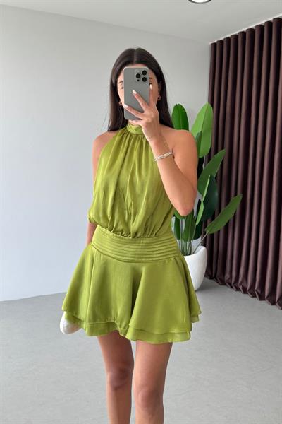 Monik Yeşil Saten Dokulu Mini Elbise