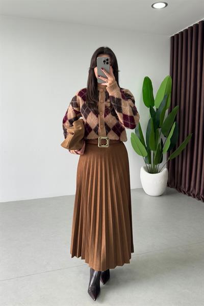 Moxy Taba Kemerli Piliseli Süet Etek