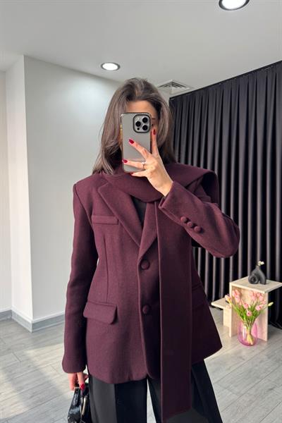 Mürdüm Atkılı Kaşe Blazer Ceket