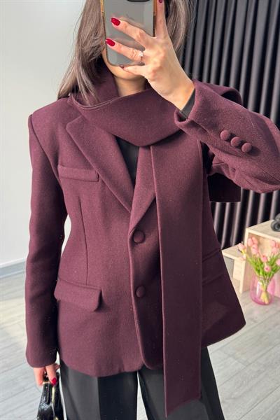 Mürdüm Atkılı Kaşe Blazer Ceket