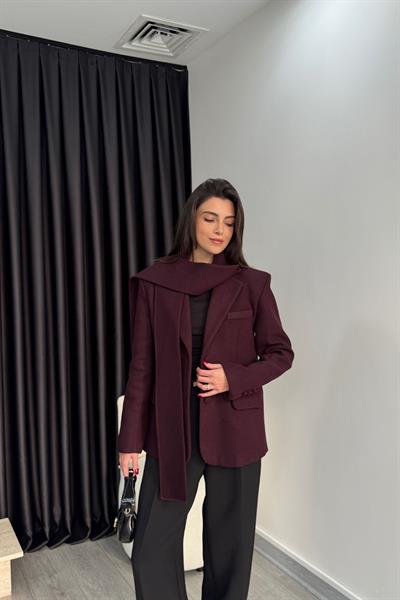 Mürdüm Atkılı Kaşe Blazer Ceket