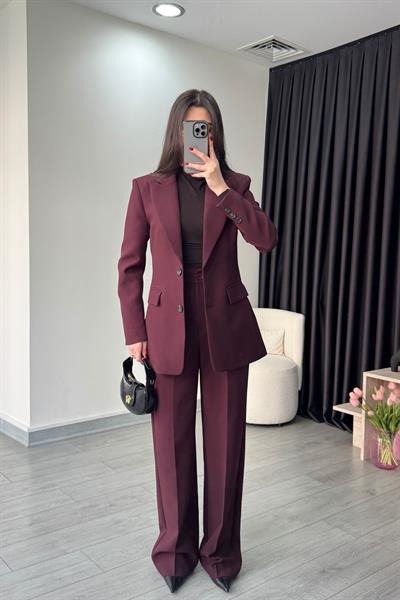 Mürdüm Belden Oturtmalı Ceket Pantolon Takım