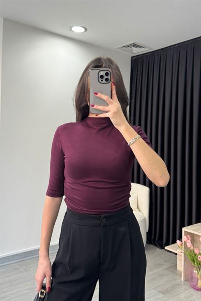 Mürdüm Drapeli Kısa Kollu Body