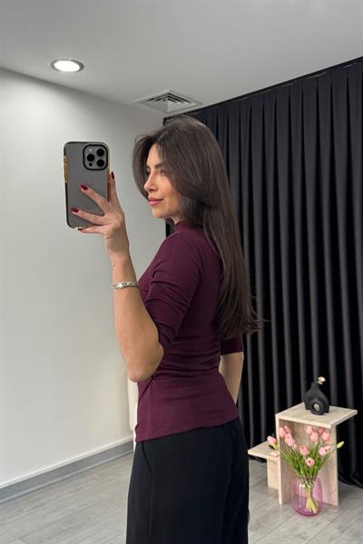 Mürdüm Drapeli Kısa Kollu Body