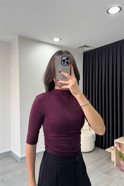 Mürdüm Drapeli Kısa Kollu Body