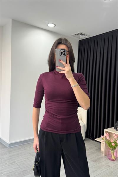 Mürdüm Drapeli Kısa Kollu Body