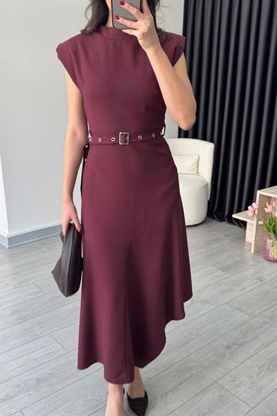 Mürdüm Kemerli Asimetrik Kesim Elbise