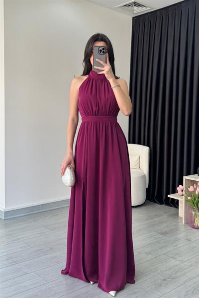 Mürdüm Yırtmaç Detay Şifon Elbise