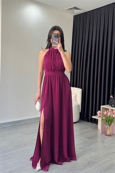 Mürdüm Yırtmaç Detay Şifon Elbise