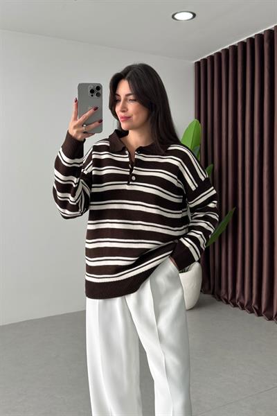 Muse Kahve Polo Yaka Çizgili Triko Kazak