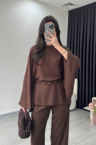 Nancy Boncuk Kemerli Kahve Pelerin Takım