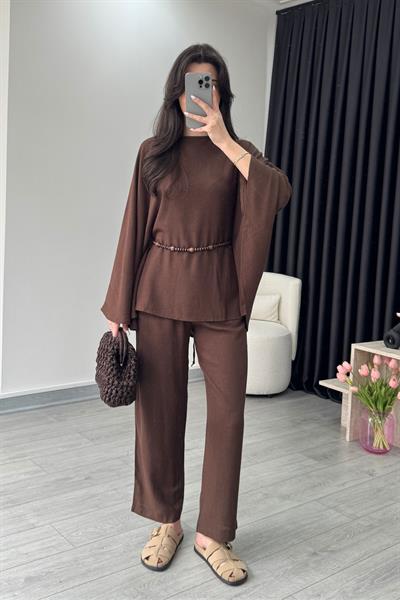 Nancy Boncuk Kemerli Kahve Pelerin Takım