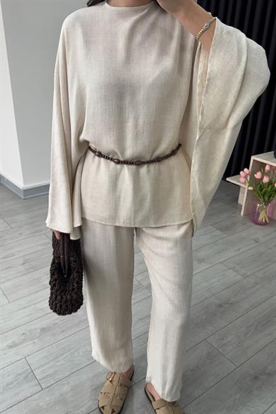 Nancy Boncuk Kemerli Natural Pelerin Takım