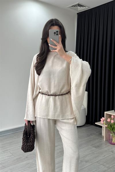 Nancy Boncuk Kemerli Natural Pelerin Takım