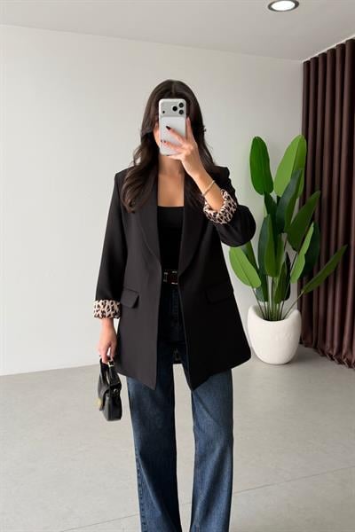 Naomi Siyah Leopar Astarlı Blazer
