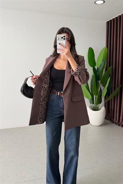 Naomi Sütlü Kahve Leopar Astarlı Blazer