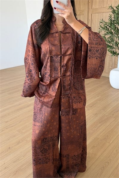 Natel Etnik Desen Saten Kimono Pantolon Takım