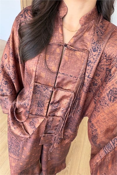 Natel Etnik Desen Saten Kimono Pantolon Takım