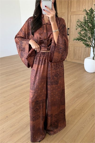 Natel Etnik Desen Saten Kimono Pantolon Takım
