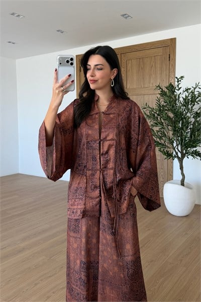 Natel Etnik Desen Saten Kimono Pantolon Takım