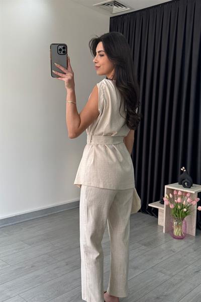 Natural Omzu Burgulu Keten Bluz Pantolon Takım