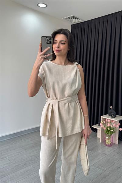 Natural Omzu Burgulu Keten Bluz Pantolon Takım