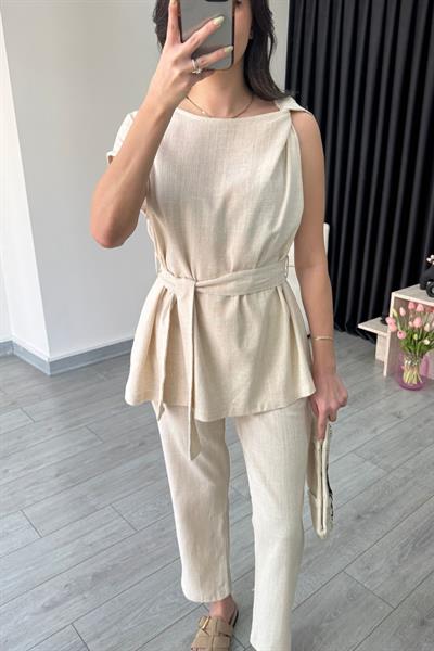 Natural Omzu Burgulu Keten Bluz Pantolon Takım