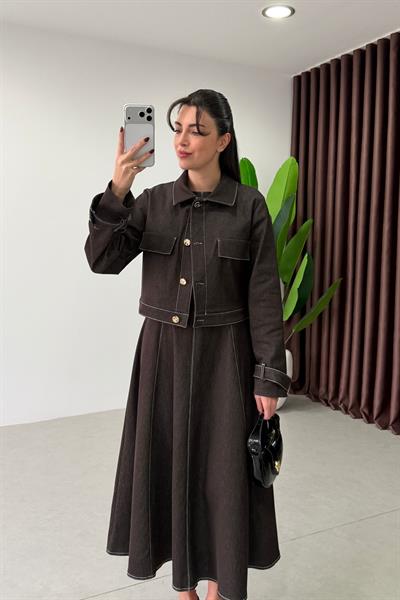 Netha Kahve Denim Elbise Ceket Takım