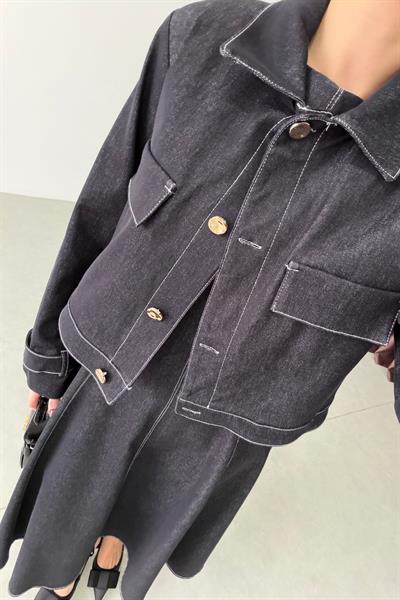 Netha Lacivert Denim Elbise Ceket Takım