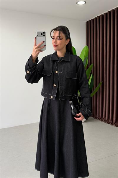 Netha Lacivert Denim Elbise Ceket Takım