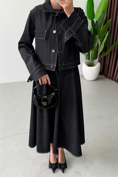 Netha Lacivert Denim Elbise Ceket Takım