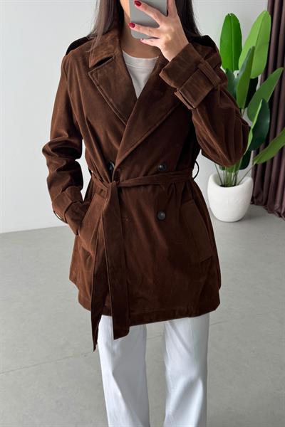 Nixi Kahve Premium Süet Midi Boy Trençkot