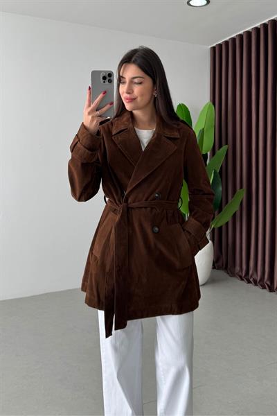 Nixi Kahve Premium Süet Midi Boy Trençkot