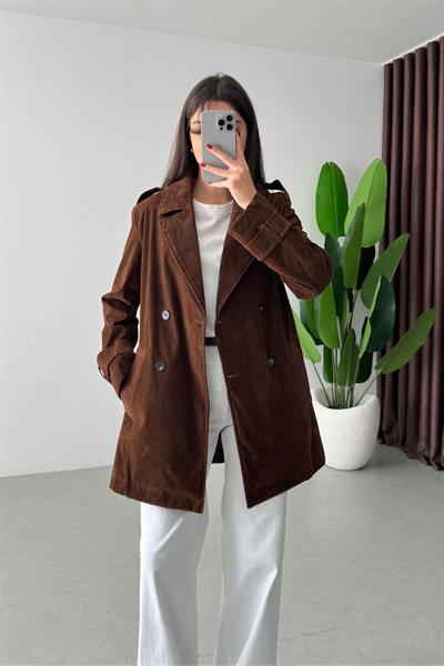 Nixi Kahve Premium Süet Midi Boy Trençkot