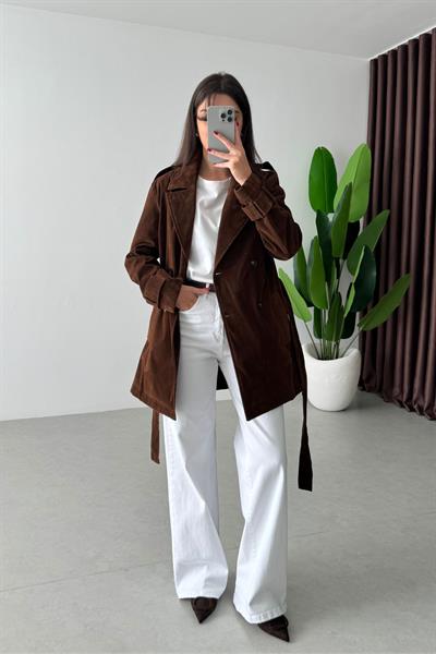 Nixi Kahve Premium Süet Midi Boy Trençkot